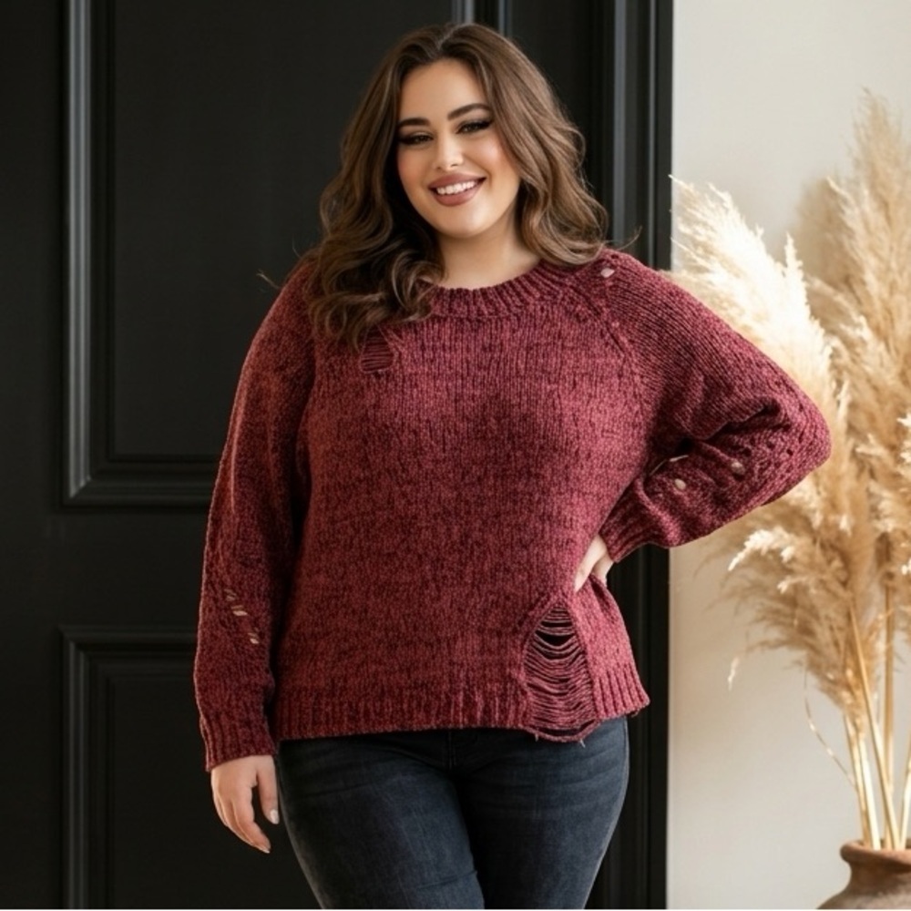Umgee Cozy Distressed Oversized Off the Shoulder Crew Neck Knit Sweater